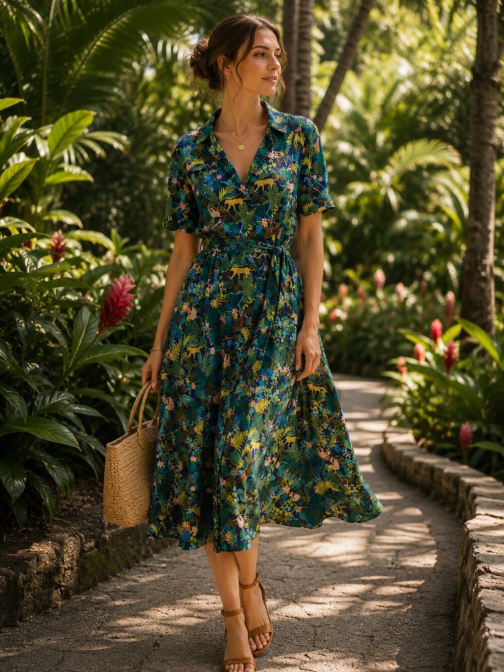 Royal Monk Jungle Safari Print Shirt Dress Women’s L Cotton Belted Tropical